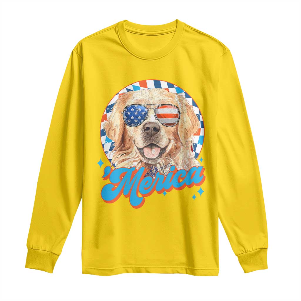 Funny Golden Retriever Merica Long Sleeve Shirt 4th of July Dog Mom Dad Patriotic USA Retro 90s - Wonder Print Shop