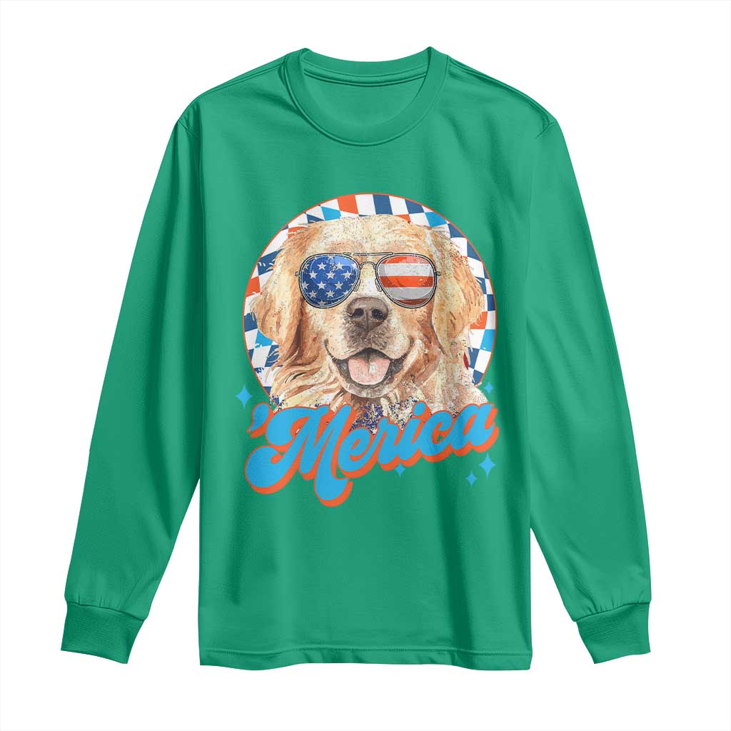 Funny Golden Retriever Merica Long Sleeve Shirt 4th of July Dog Mom Dad Patriotic USA Retro 90s - Wonder Print Shop