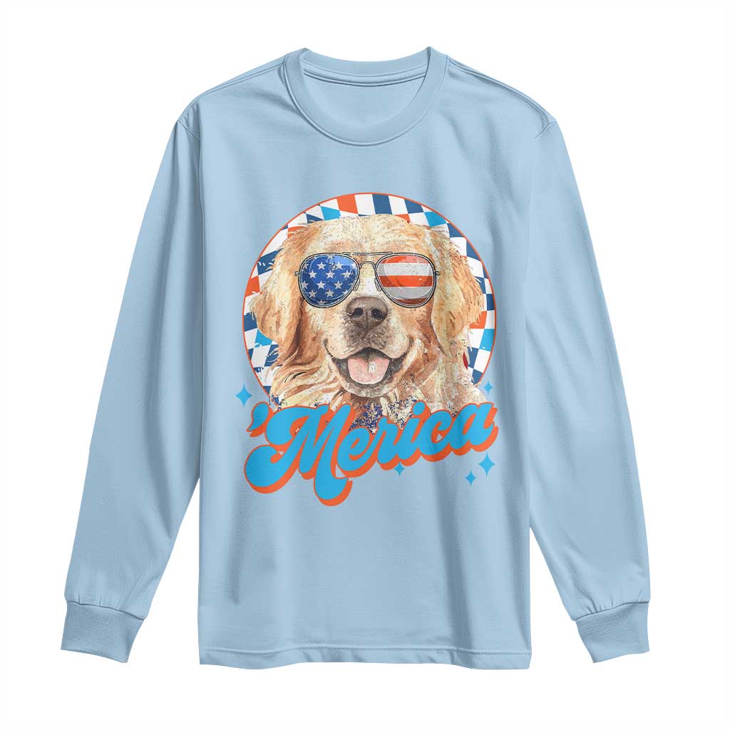 Funny Golden Retriever Merica Long Sleeve Shirt 4th of July Dog Mom Dad Patriotic USA Retro 90s - Wonder Print Shop