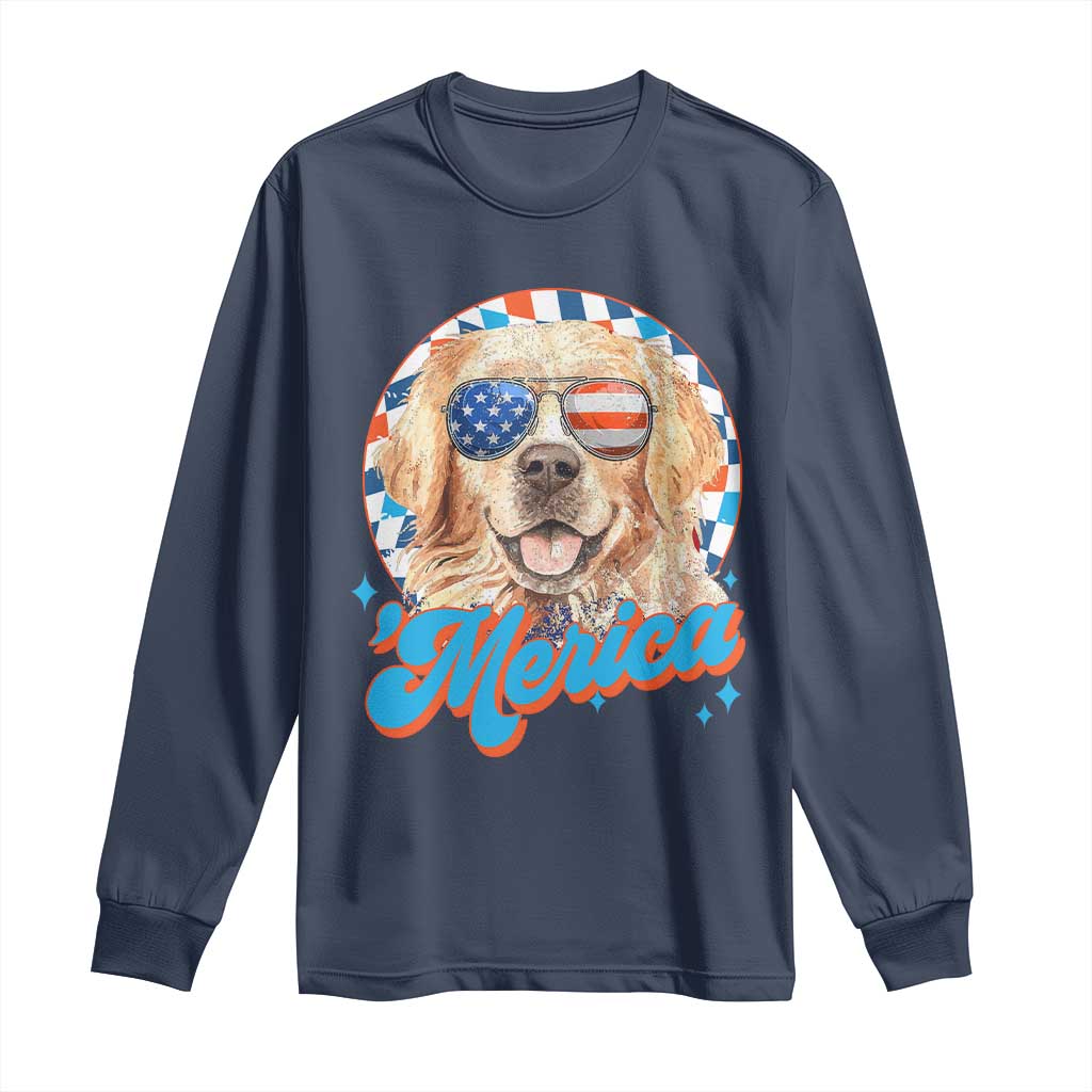 Funny Golden Retriever Merica Long Sleeve Shirt 4th of July Dog Mom Dad Patriotic USA Retro 90s - Wonder Print Shop