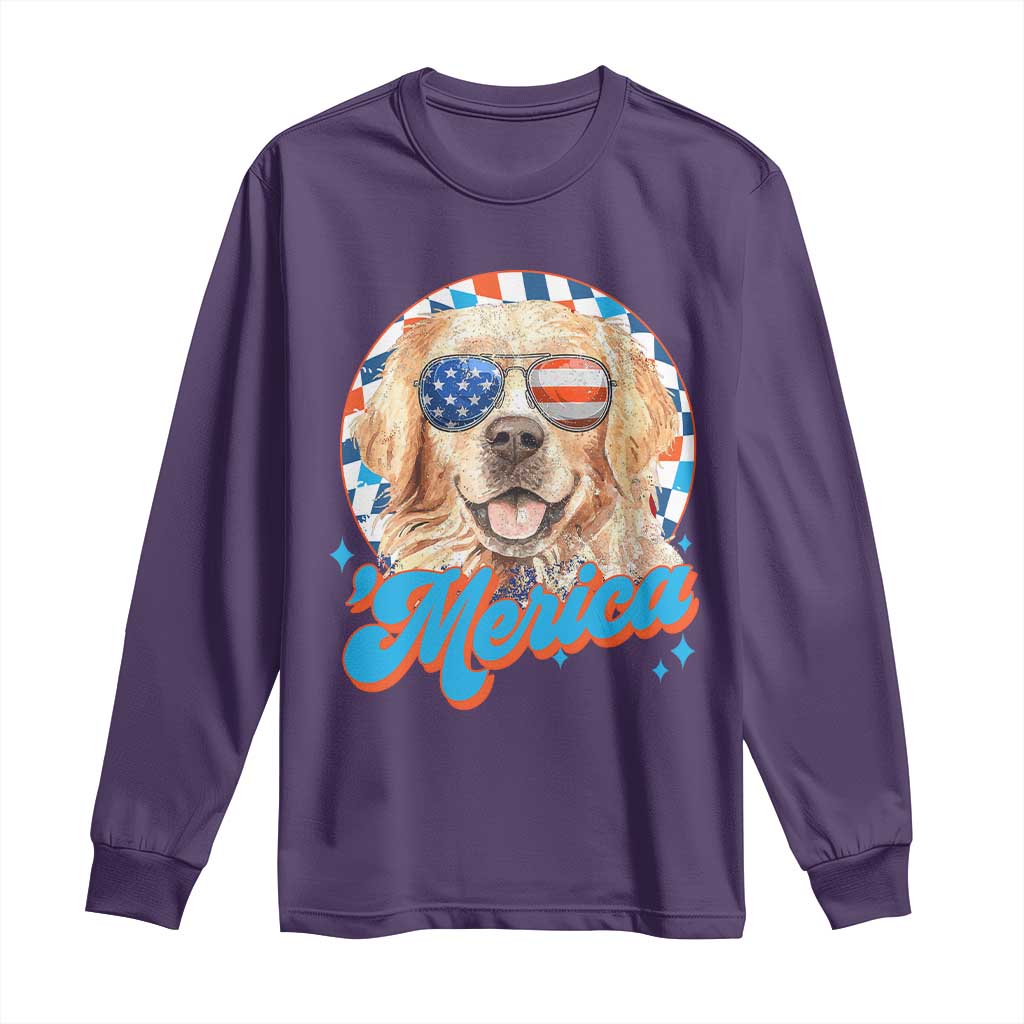 Funny Golden Retriever Merica Long Sleeve Shirt 4th of July Dog Mom Dad Patriotic USA Retro 90s - Wonder Print Shop