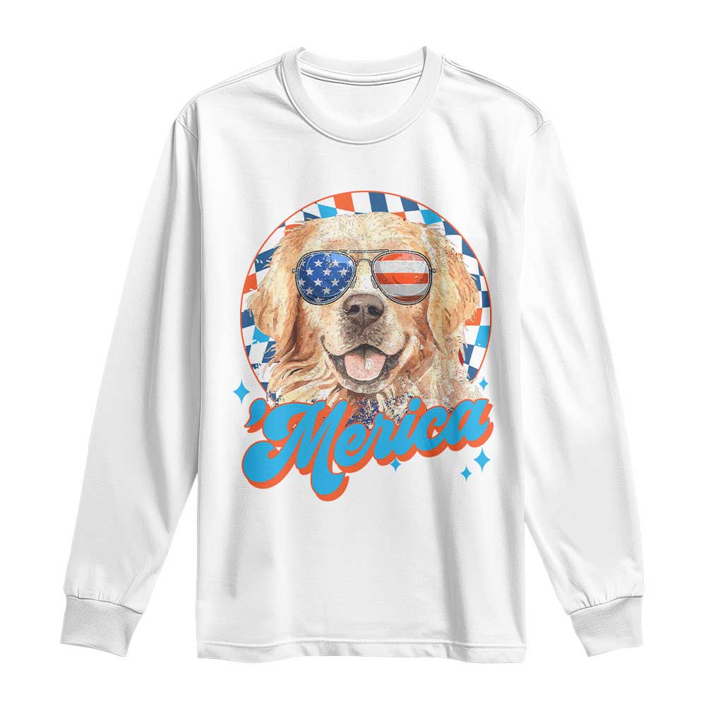 Funny Golden Retriever Merica Long Sleeve Shirt 4th of July Dog Mom Dad Patriotic USA Retro 90s - Wonder Print Shop