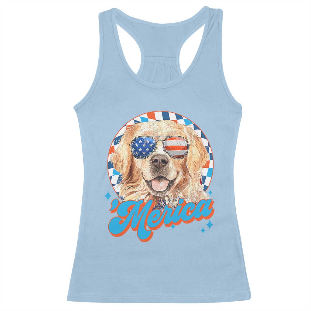 Funny Golden Retriever Merica Racerback Tank Top 4th of July Dog Mom Dad Patriotic USA Retro 90s - Wonder Print Shop