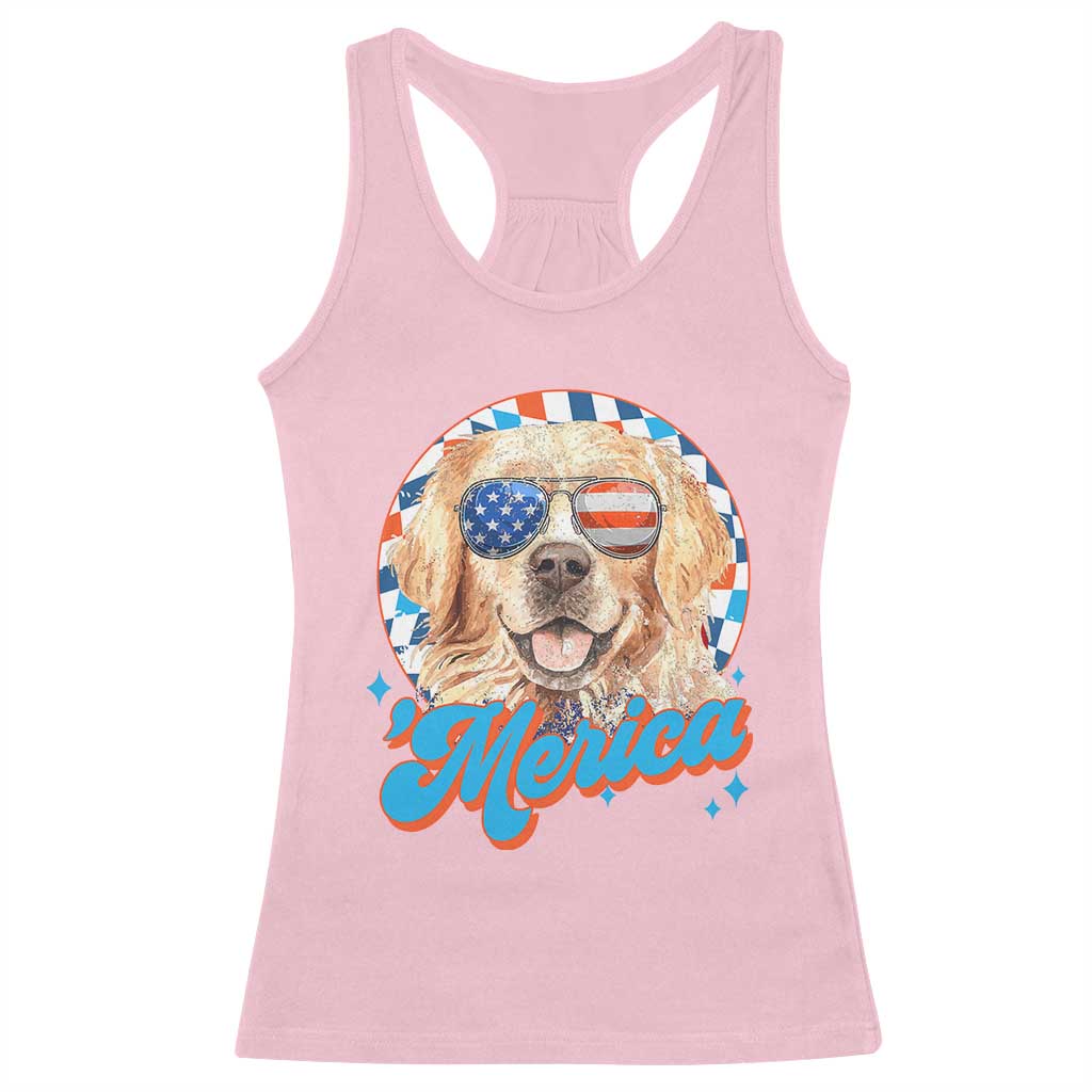 Funny Golden Retriever Merica Racerback Tank Top 4th of July Dog Mom Dad Patriotic USA Retro 90s - Wonder Print Shop