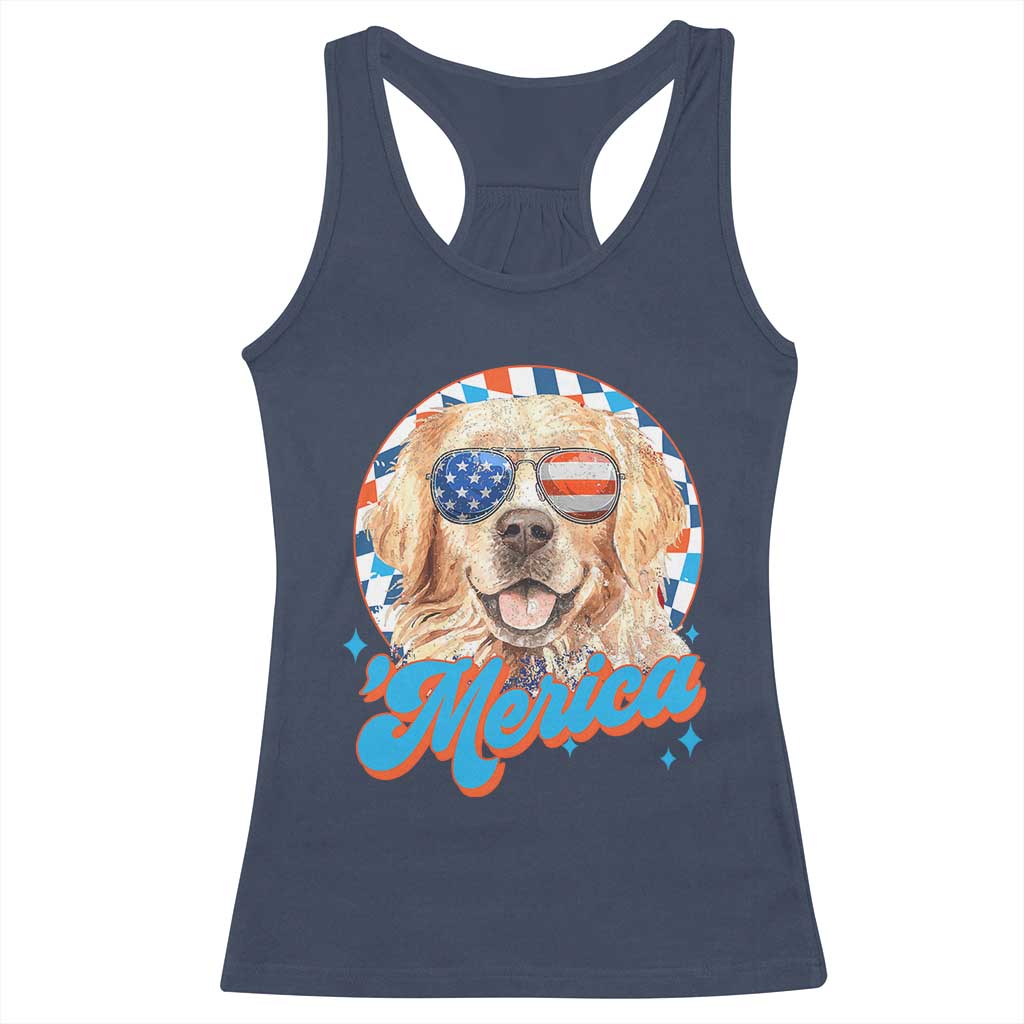 Funny Golden Retriever Merica Racerback Tank Top 4th of July Dog Mom Dad Patriotic USA Retro 90s - Wonder Print Shop