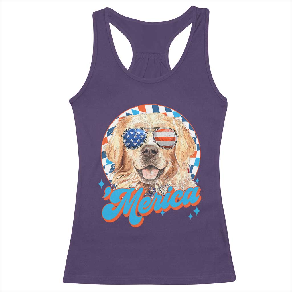 Funny Golden Retriever Merica Racerback Tank Top 4th of July Dog Mom Dad Patriotic USA Retro 90s - Wonder Print Shop