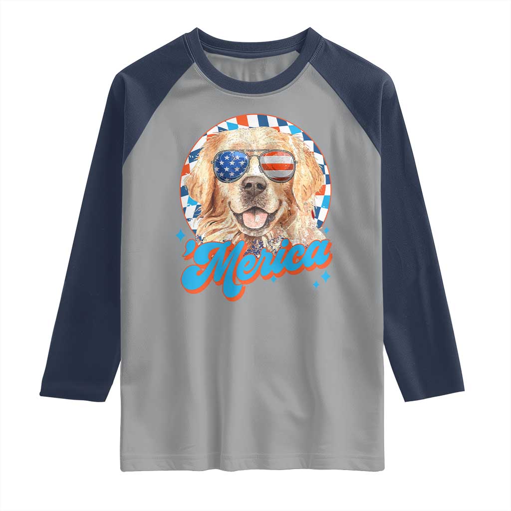 Funny Golden Retriever Merica Raglan Shirt 4th of July Dog Mom Dad Patriotic USA Retro 90s - Wonder Print Shop