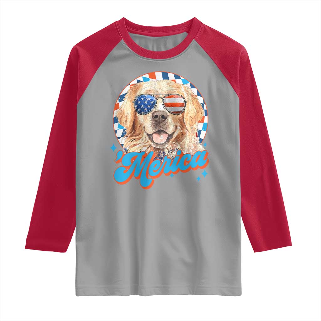 Funny Golden Retriever Merica Raglan Shirt 4th of July Dog Mom Dad Patriotic USA Retro 90s - Wonder Print Shop