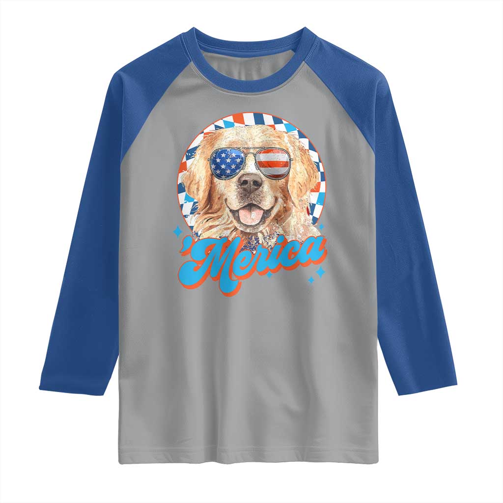 Funny Golden Retriever Merica Raglan Shirt 4th of July Dog Mom Dad Patriotic USA Retro 90s - Wonder Print Shop