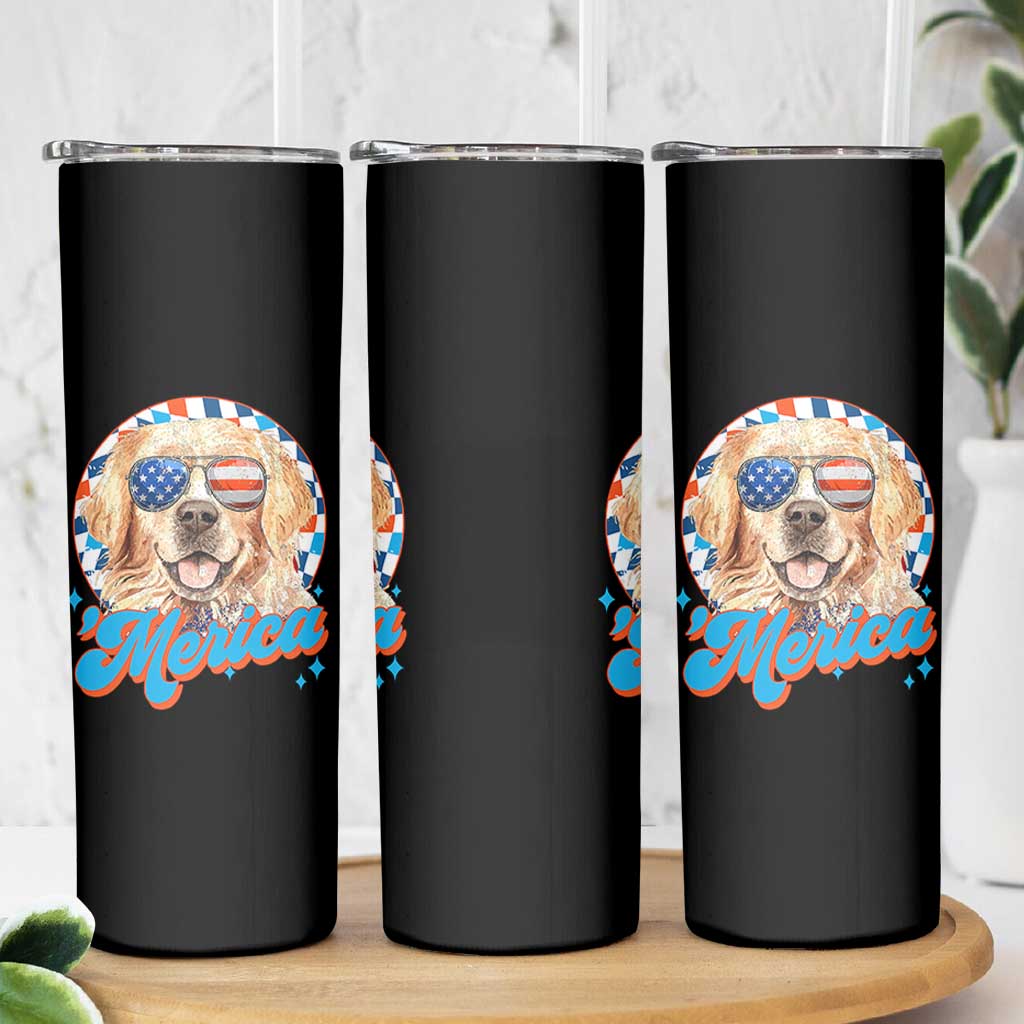 Funny Golden Retriever Merica Skinny Tumbler 4th of July Dog Mom Dad Patriotic USA Retro 90s - Wonder Print Shop