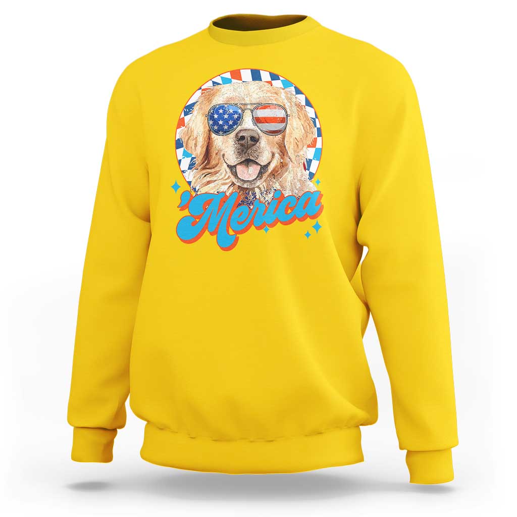 Funny Golden Retriever Merica Sweatshirt 4th of July Dog Mom Dad Patriotic USA Retro 90s - Wonder Print Shop