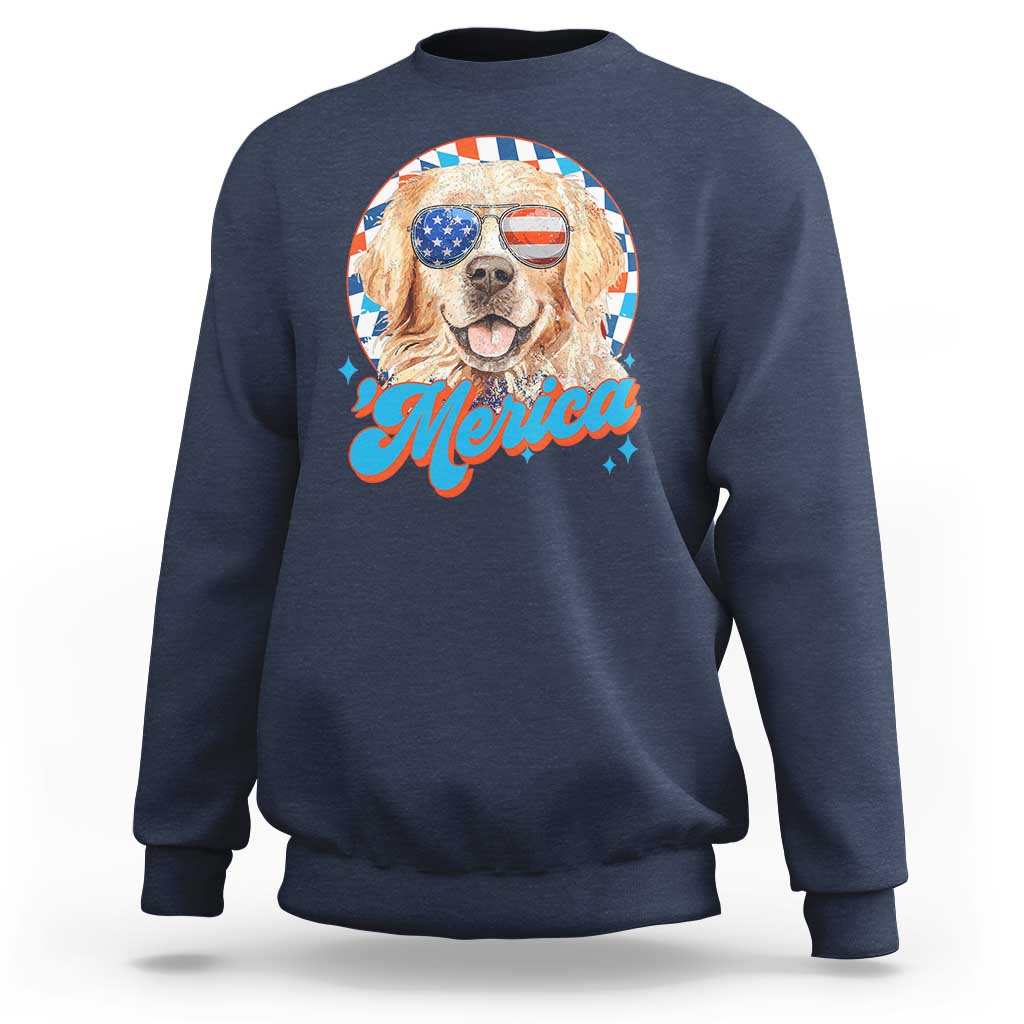 Funny Golden Retriever Merica Sweatshirt 4th of July Dog Mom Dad Patriotic USA Retro 90s - Wonder Print Shop