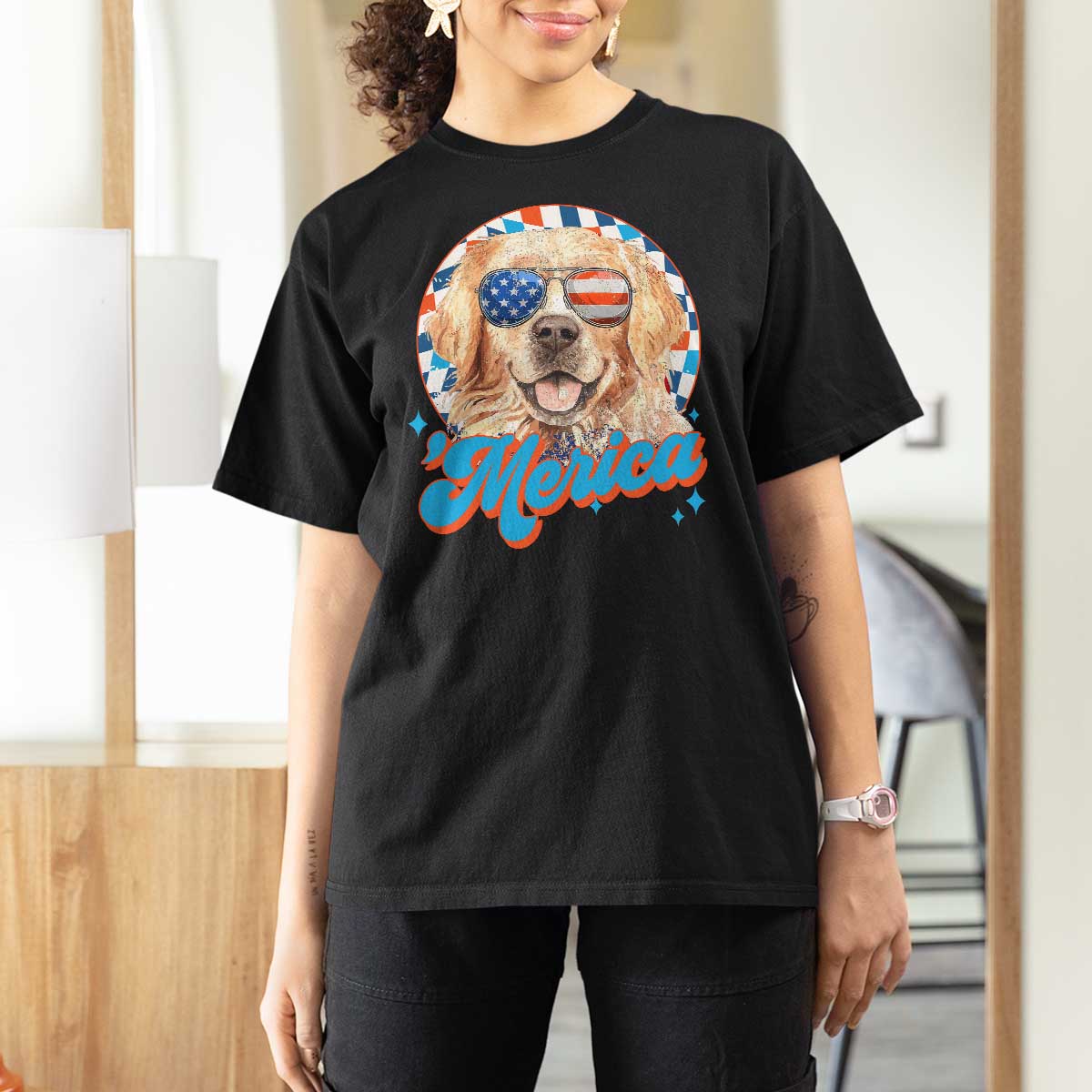 Funny Golden Retriever Merica T Shirt For Women 4th of July Dog Mom Dad Patriotic USA Retro 90s - Wonder Print Shop