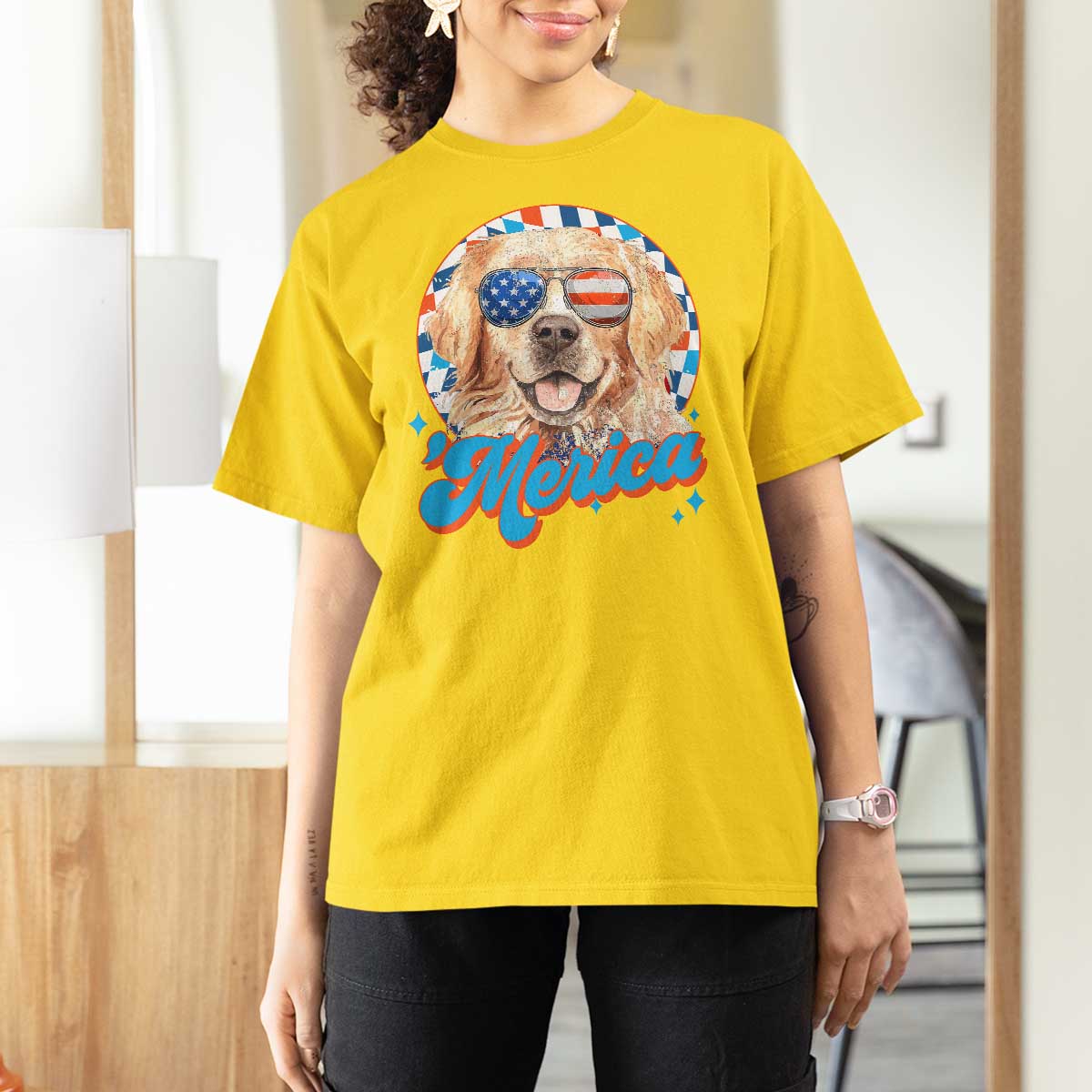 Funny Golden Retriever Merica T Shirt For Women 4th of July Dog Mom Dad Patriotic USA Retro 90s - Wonder Print Shop