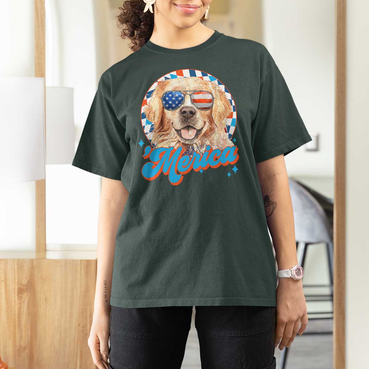 Funny Golden Retriever Merica T Shirt For Women 4th of July Dog Mom Dad Patriotic USA Retro 90s - Wonder Print Shop