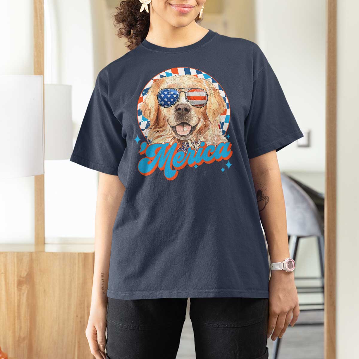 Funny Golden Retriever Merica T Shirt For Women 4th of July Dog Mom Dad Patriotic USA Retro 90s - Wonder Print Shop