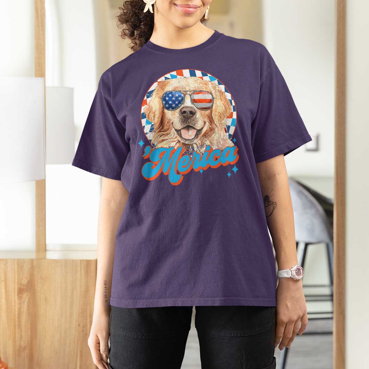 Funny Golden Retriever Merica T Shirt For Women 4th of July Dog Mom Dad Patriotic USA Retro 90s - Wonder Print Shop