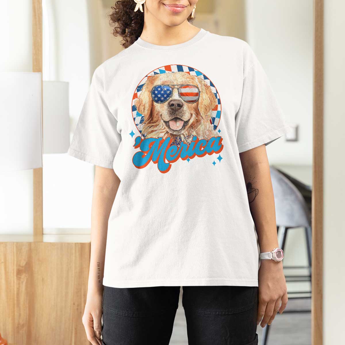 Funny Golden Retriever Merica T Shirt For Women 4th of July Dog Mom Dad Patriotic USA Retro 90s - Wonder Print Shop