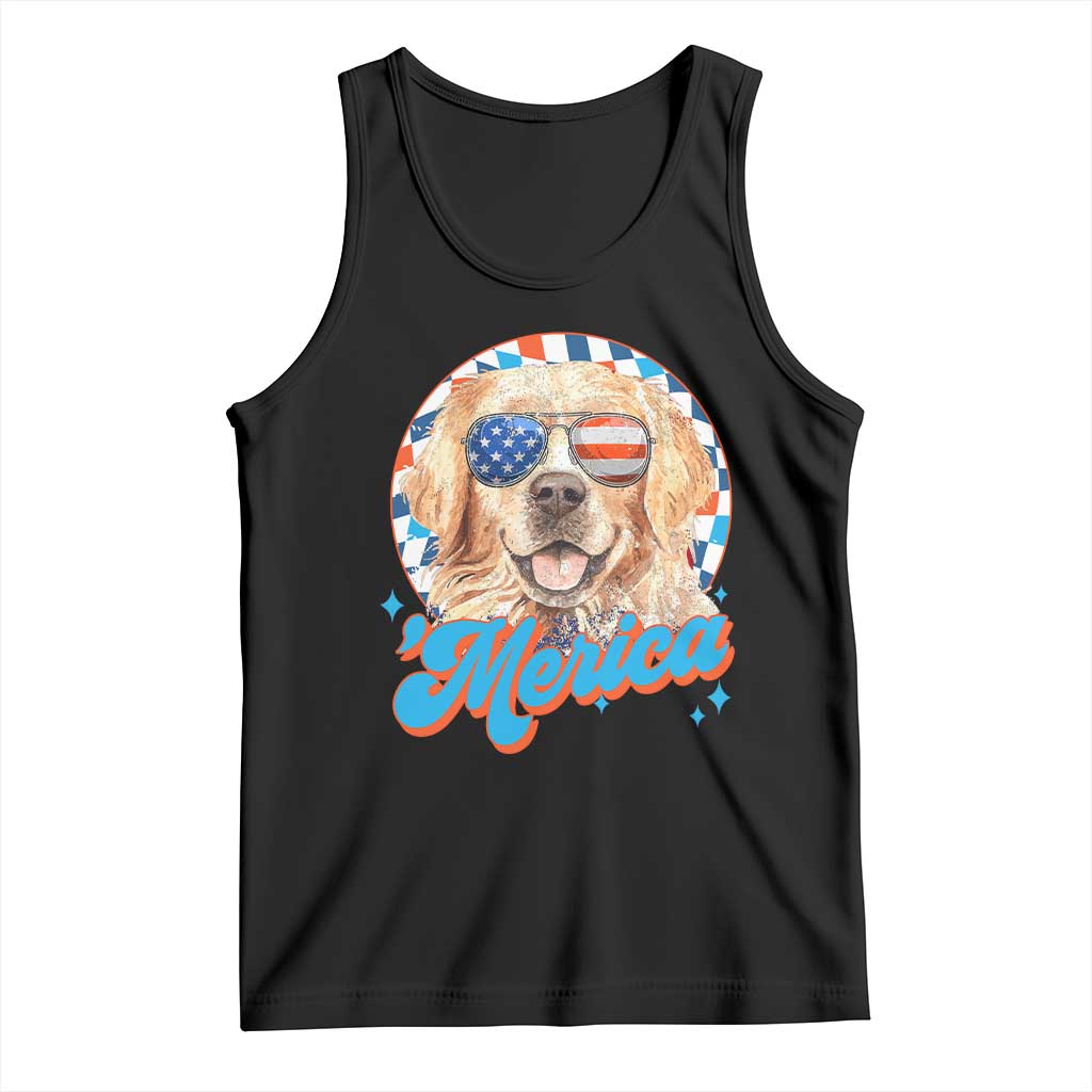 Funny Golden Retriever Merica Tank Top 4th of July Dog Mom Dad Patriotic USA Retro 90s - Wonder Print Shop