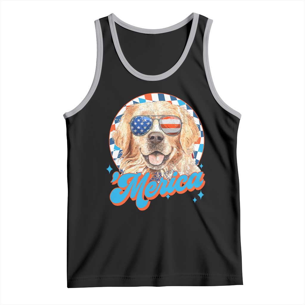 Funny Golden Retriever Merica Tank Top 4th of July Dog Mom Dad Patriotic USA Retro 90s - Wonder Print Shop