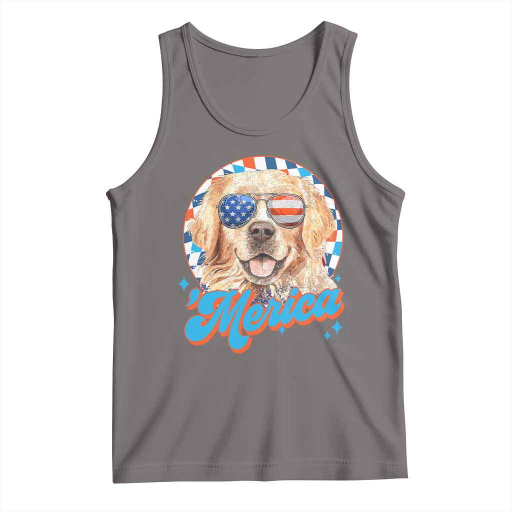 Funny Golden Retriever Merica Tank Top 4th of July Dog Mom Dad Patriotic USA Retro 90s - Wonder Print Shop