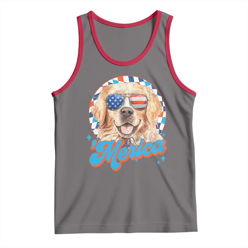 Funny Golden Retriever Merica Tank Top 4th of July Dog Mom Dad Patriotic USA Retro 90s - Wonder Print Shop