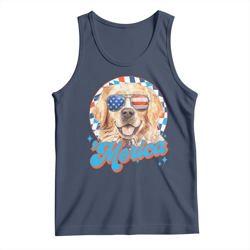 Funny Golden Retriever Merica Tank Top 4th of July Dog Mom Dad Patriotic USA Retro 90s - Wonder Print Shop