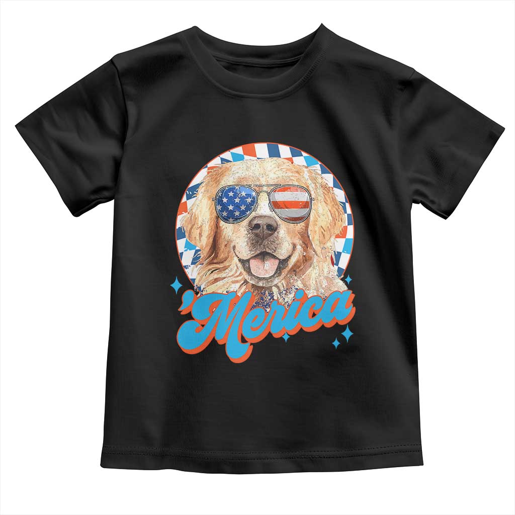 Funny Golden Retriever Merica Toddler T Shirt 4th of July Dog Mom Dad Patriotic USA Retro 90s - Wonder Print Shop