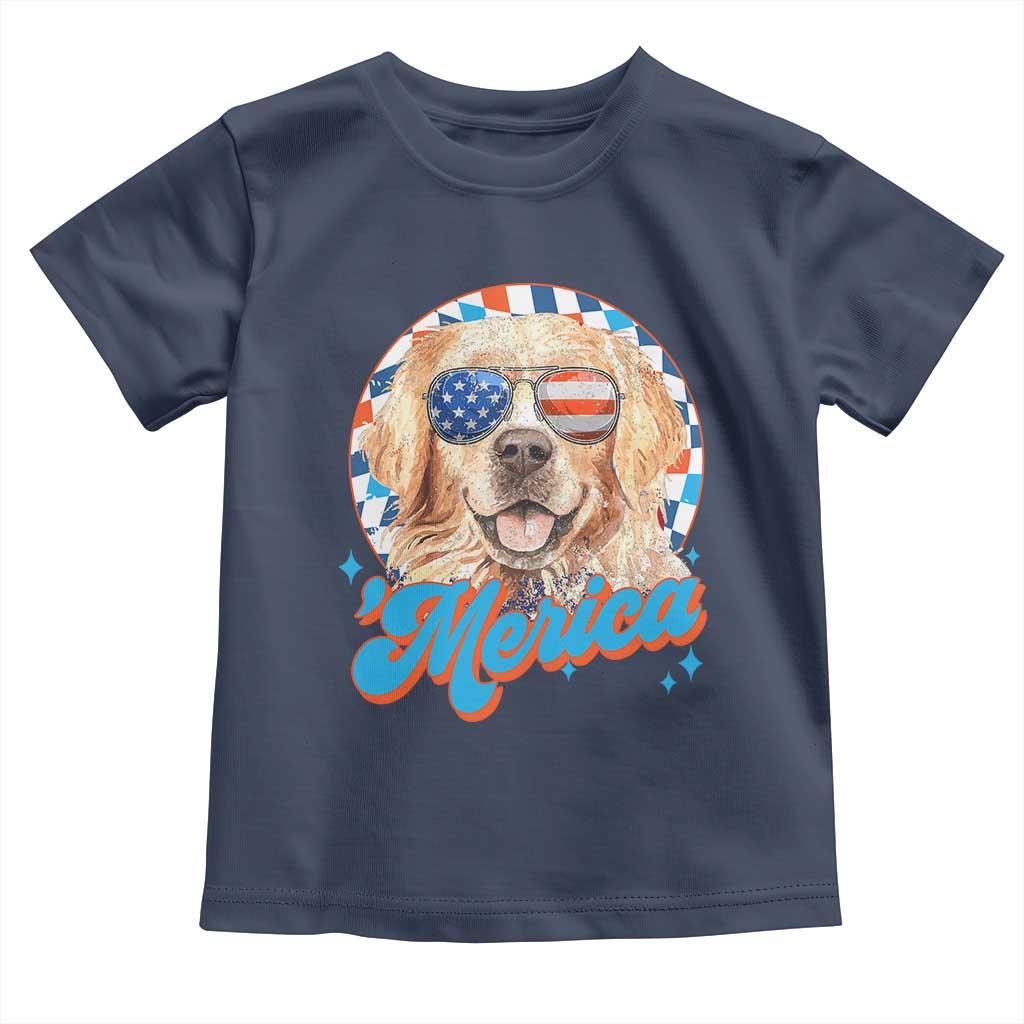 Funny Golden Retriever Merica Toddler T Shirt 4th of July Dog Mom Dad Patriotic USA Retro 90s - Wonder Print Shop