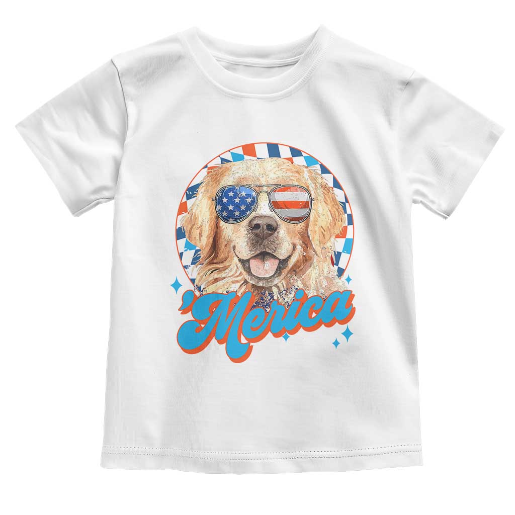 Funny Golden Retriever Merica Toddler T Shirt 4th of July Dog Mom Dad Patriotic USA Retro 90s - Wonder Print Shop
