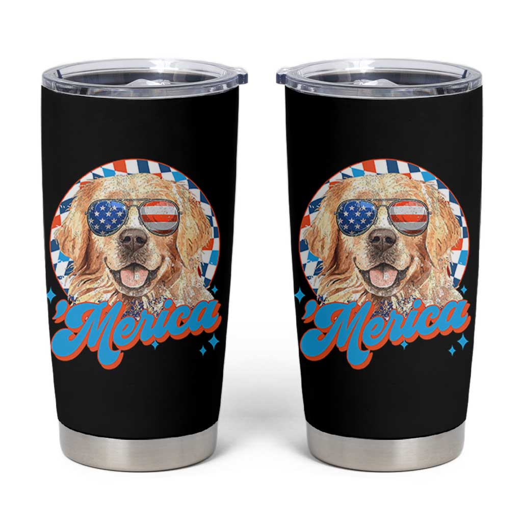 Funny Golden Retriever Merica Tumbler Cup 4th of July Dog Mom Dad Patriotic USA Retro 90s - Wonder Print Shop