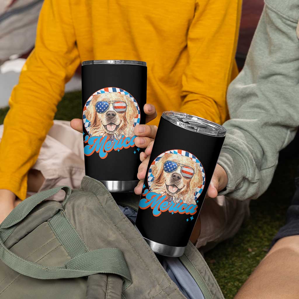 Funny Golden Retriever Merica Tumbler Cup 4th of July Dog Mom Dad Patriotic USA Retro 90s - Wonder Print Shop