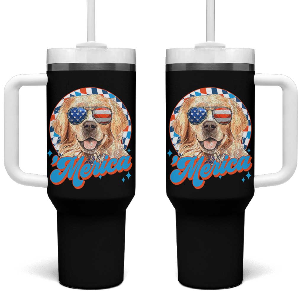 Funny Golden Retriever Merica Tumbler With Handle 4th of July Dog Mom Dad Patriotic USA Retro 90s - Wonder Print Shop