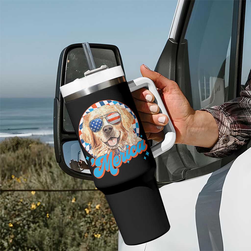 Funny Golden Retriever Merica Tumbler With Handle 4th of July Dog Mom Dad Patriotic USA Retro 90s - Wonder Print Shop