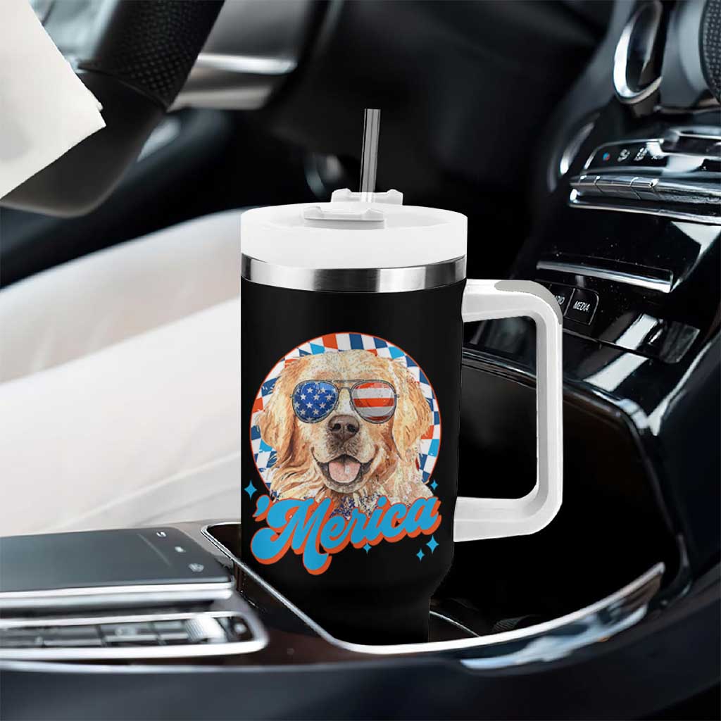 Funny Golden Retriever Merica Tumbler With Handle 4th of July Dog Mom Dad Patriotic USA Retro 90s - Wonder Print Shop