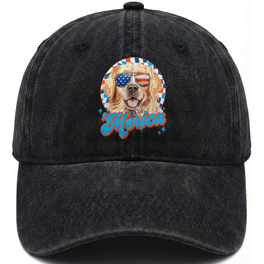 Funny Golden Retriever Merica Washed Cotton Baseball Cap 4th of July Dog Mom Dad Patriotic USA Retro 90s