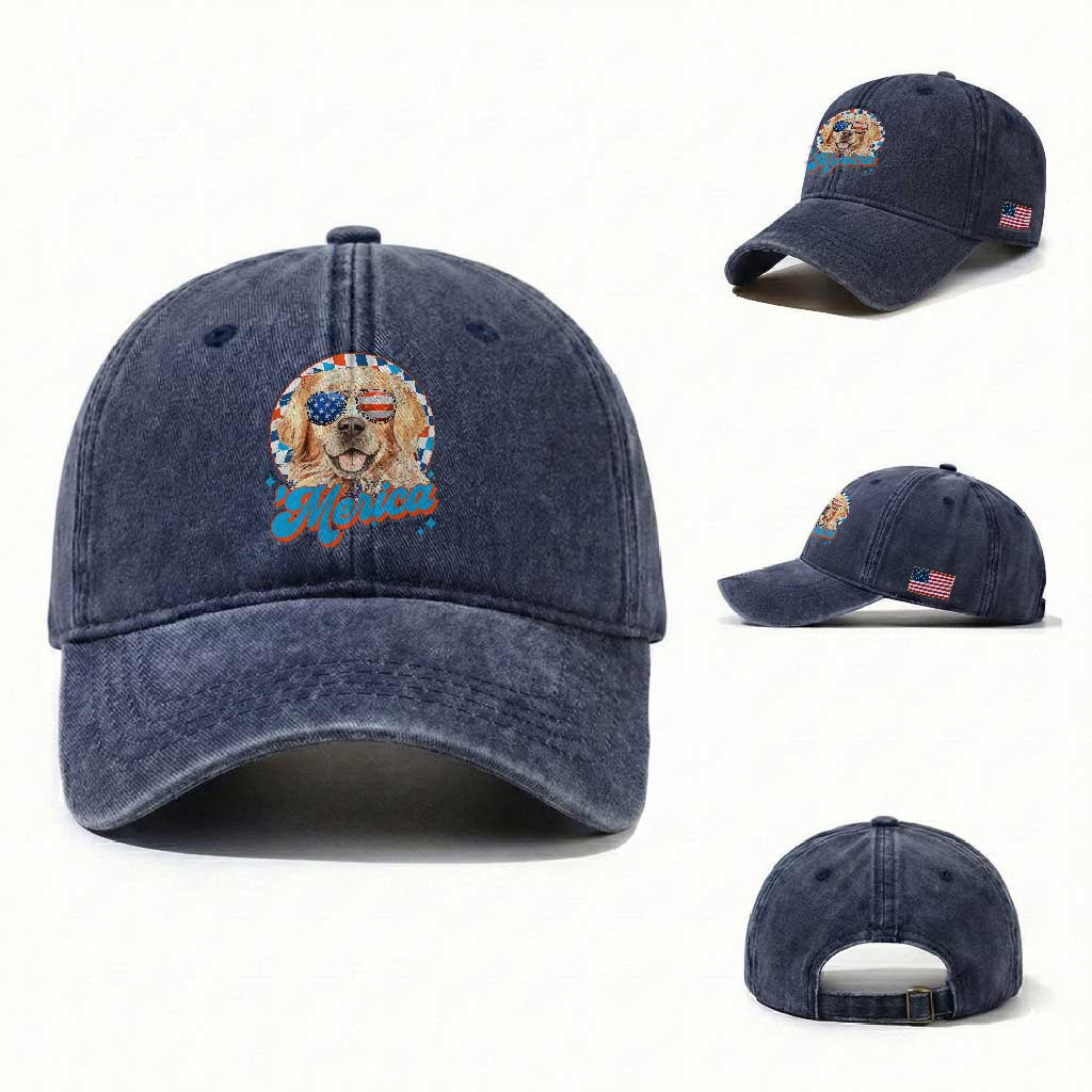 Funny Golden Retriever Merica Washed Cotton Baseball Cap 4th of July Dog Mom Dad Patriotic USA Retro 90s