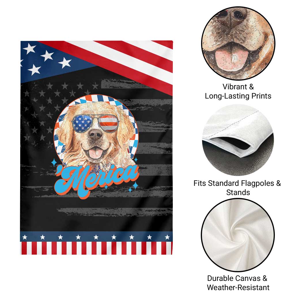 Funny Golden Retriever Merica Garden Flag 4th of July Dog Mom Dad Patriotic USA Retro 90s