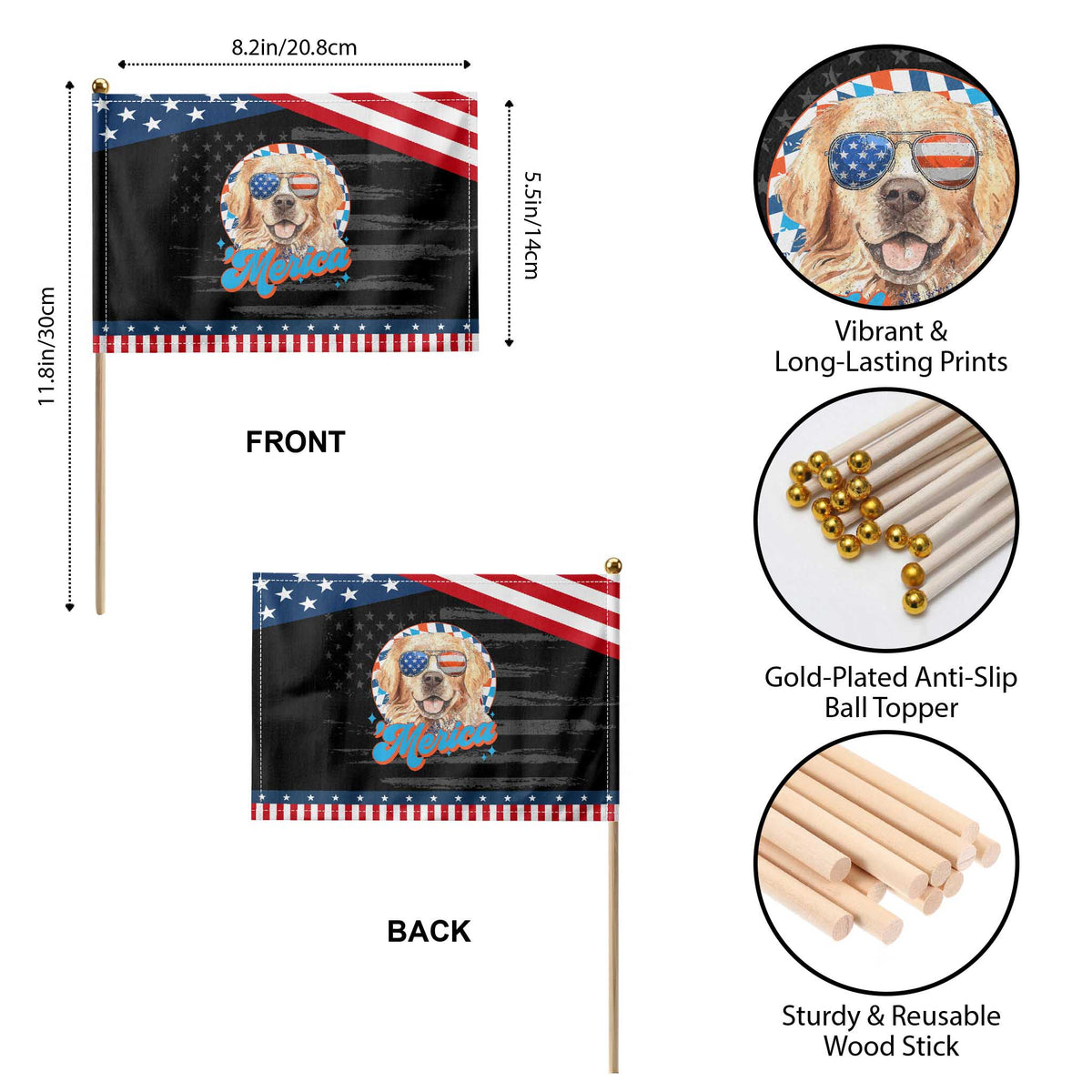 Funny Golden Retriever Merica Patriotic Handheld Flag 4th of July Dog Mom Dad USA Retro 90s