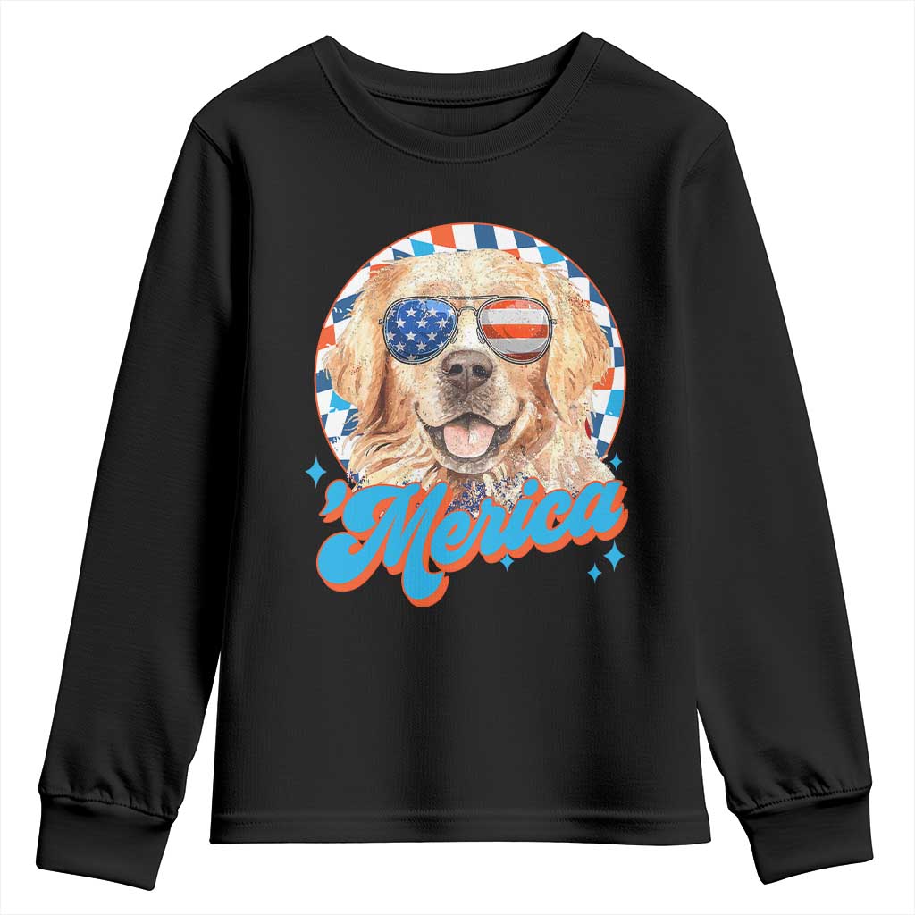 Funny Golden Retriever Merica Youth Sweatshirt 4th of July Dog Mom Dad Patriotic USA Retro 90s - Wonder Print Shop