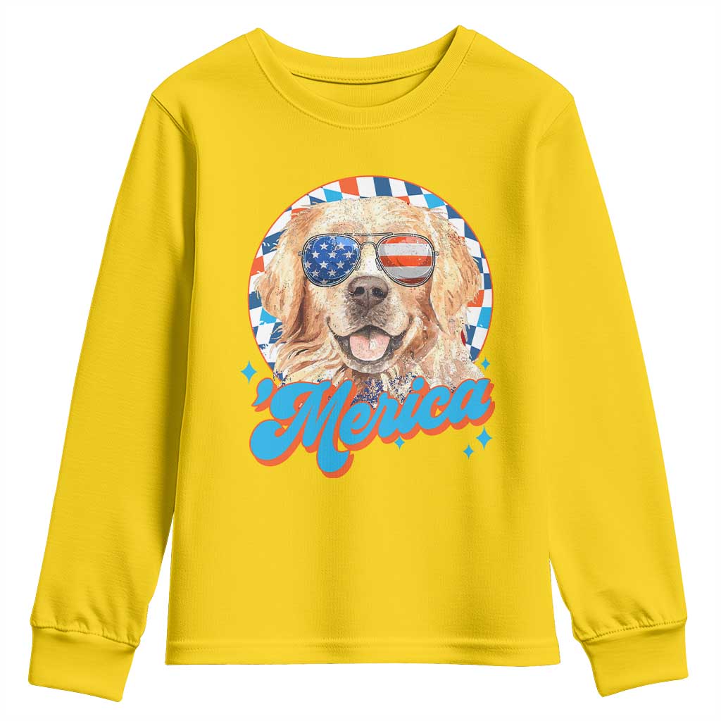 Funny Golden Retriever Merica Youth Sweatshirt 4th of July Dog Mom Dad Patriotic USA Retro 90s - Wonder Print Shop