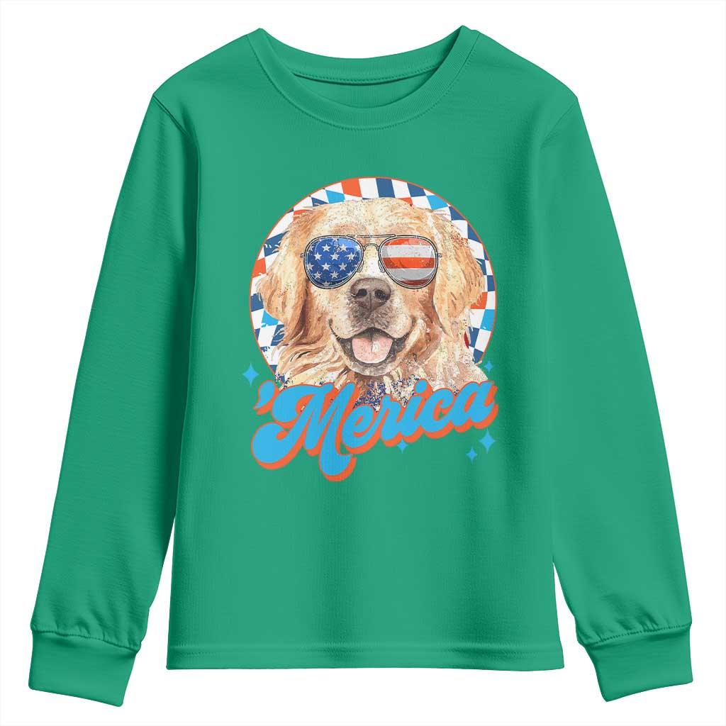 Funny Golden Retriever Merica Youth Sweatshirt 4th of July Dog Mom Dad Patriotic USA Retro 90s - Wonder Print Shop