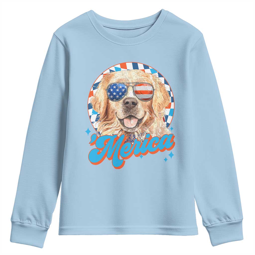 Funny Golden Retriever Merica Youth Sweatshirt 4th of July Dog Mom Dad Patriotic USA Retro 90s - Wonder Print Shop