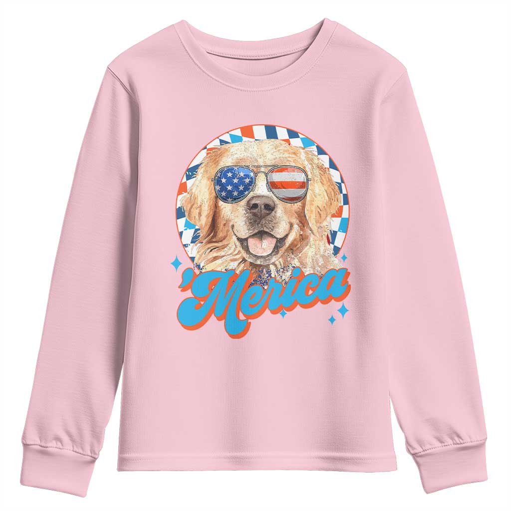 Funny Golden Retriever Merica Youth Sweatshirt 4th of July Dog Mom Dad Patriotic USA Retro 90s - Wonder Print Shop