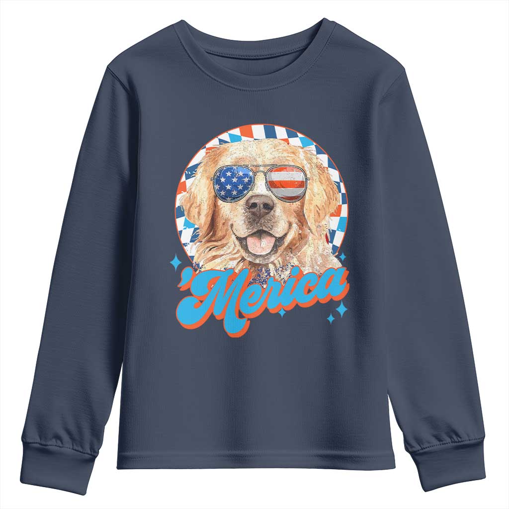 Funny Golden Retriever Merica Youth Sweatshirt 4th of July Dog Mom Dad Patriotic USA Retro 90s - Wonder Print Shop