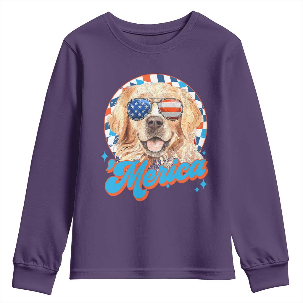 Funny Golden Retriever Merica Youth Sweatshirt 4th of July Dog Mom Dad Patriotic USA Retro 90s - Wonder Print Shop