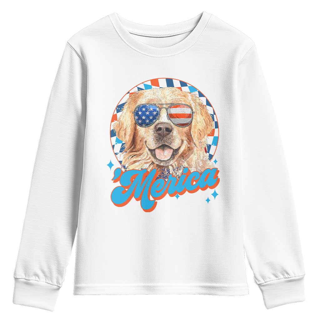 Funny Golden Retriever Merica Youth Sweatshirt 4th of July Dog Mom Dad Patriotic USA Retro 90s - Wonder Print Shop