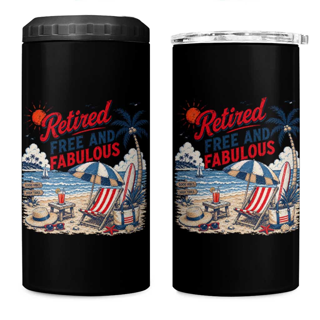 Retirement Gifts For Her 4 in 1 Can Cooler Tumbler Retro Retired Free And Fabulous Beach Summer Vacation Vintage