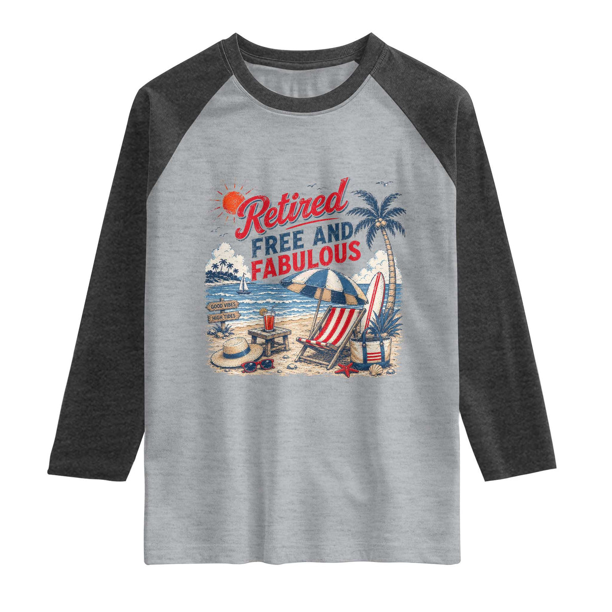 Retirement Gifts For Her Raglan Shirt Retro Retired Free And Fabulous Beach Summer Vacation Vintage