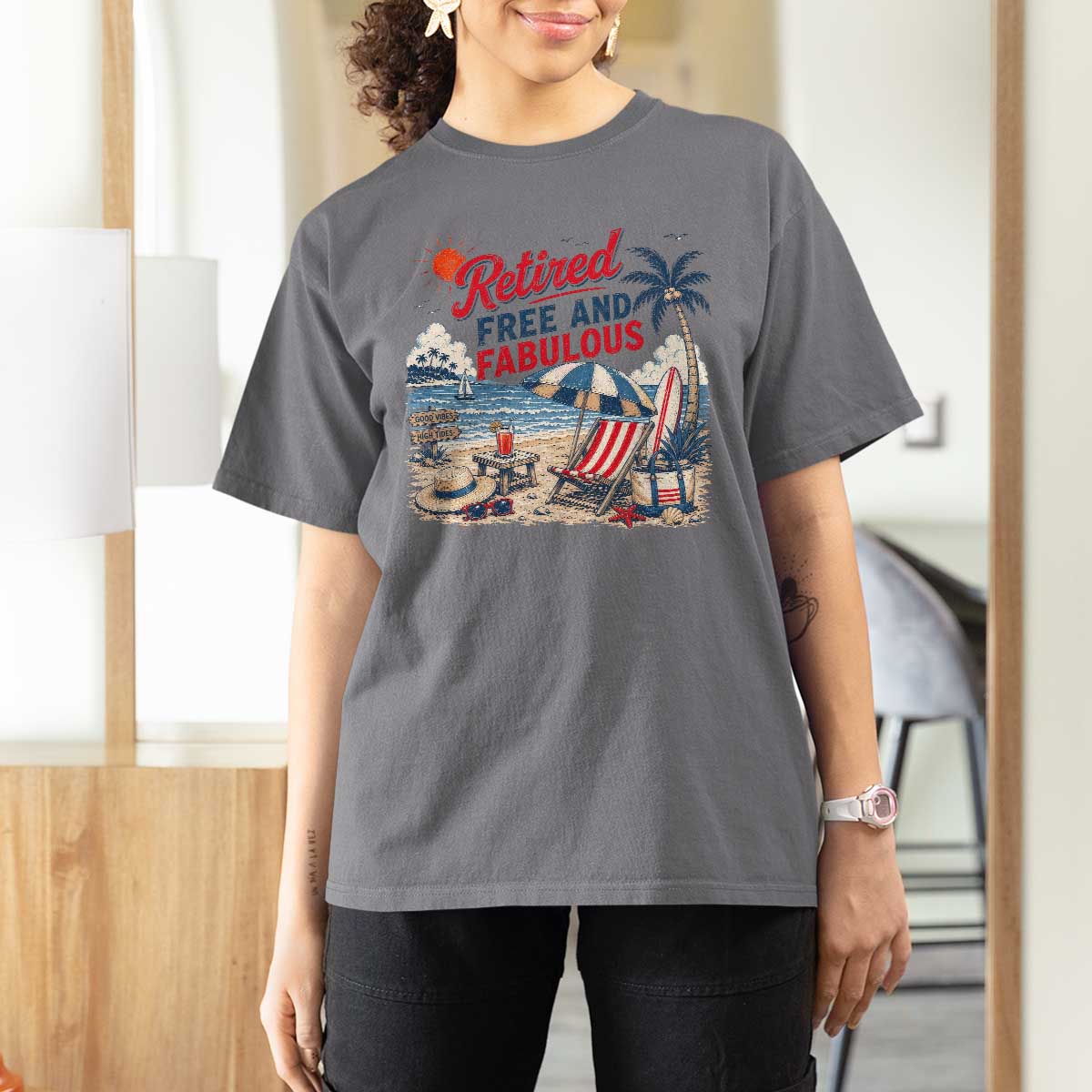 Retirement Gifts For Her T Shirt For Women Retro Retired Free And Fabulous Beach Summer Vacation Vintage